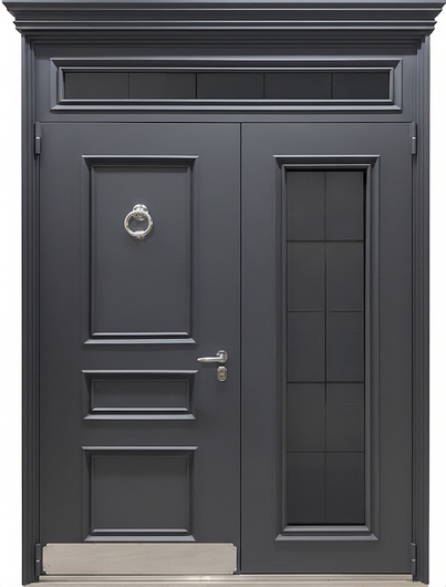 Двустворчатая уличная термодверь со стеклами, карнизом, отбойником, кнокером, металлобагетом и серым полимерным покрытием